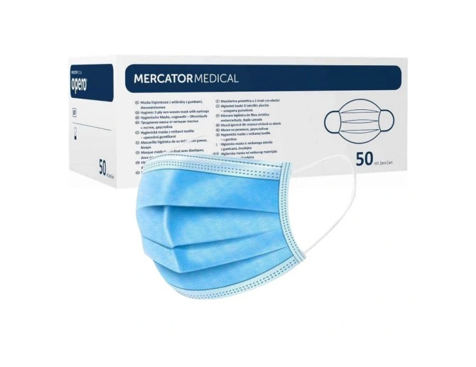 Mercator Medical OPERO Chirurgická ústenka z netkané textilie s gumičkami, třívrstvá (modrá,bílá,zelená) 50ks Barva: Modrá