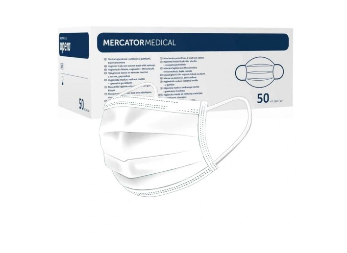Mercator Medical OPERO Chirurgická ústenka z netkané textilie s gumičkami, třívrstvá (modrá,bílá,zelená) 50ks Barva: Bílá