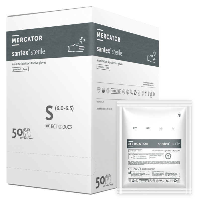 Mercator Medical Sterilní vyšetřovací latexové rukavice Mercator SANTEX Sterile, 1 pár Velikost: S