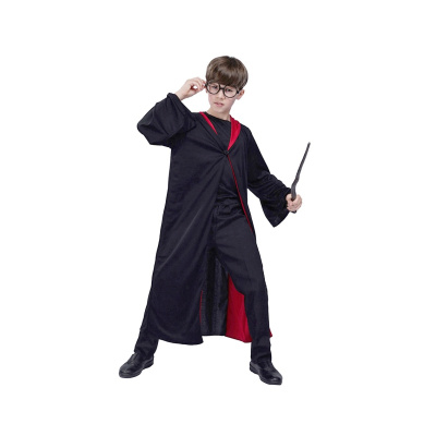 dětský kostým čaroděj s kapucí černo‑červený 130–140 cm