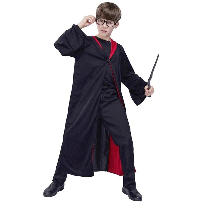 dětský kostým čaroděj s kapucí černo‑červený 130–140 cm