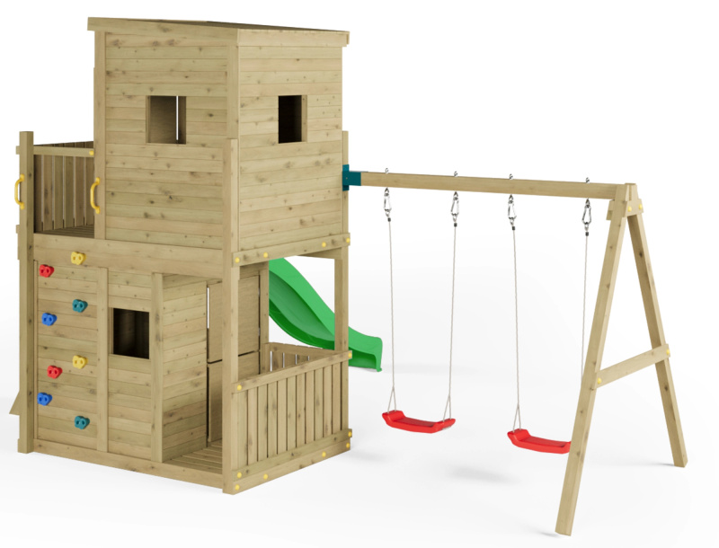 Dřevěné zahradní dětské hřiště FUNGOO Lofter se dvěma houpačkami