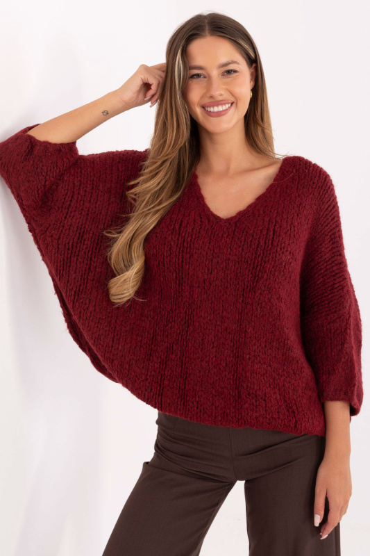 ITALY MODA Dámský svetr IT-SW-7703.70 s výstřihem do V Barva: Bordó, Velikost: UNI