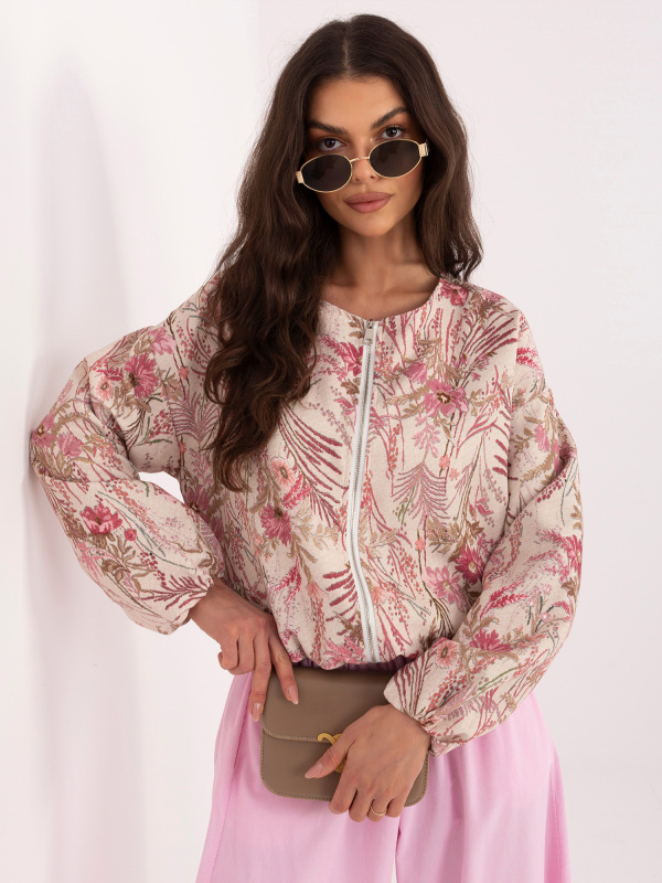 Růžová přechodná bunda s rostlinným vzorem