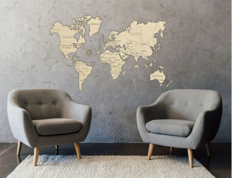 Dřevěná nástěnná 3D mapa světa XXL přírodní barvy
