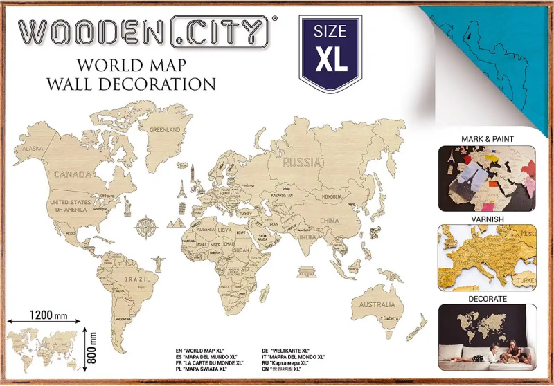 WOODEN CITY Dřevěná mapa světa velikost XL (120x80cm) modrá