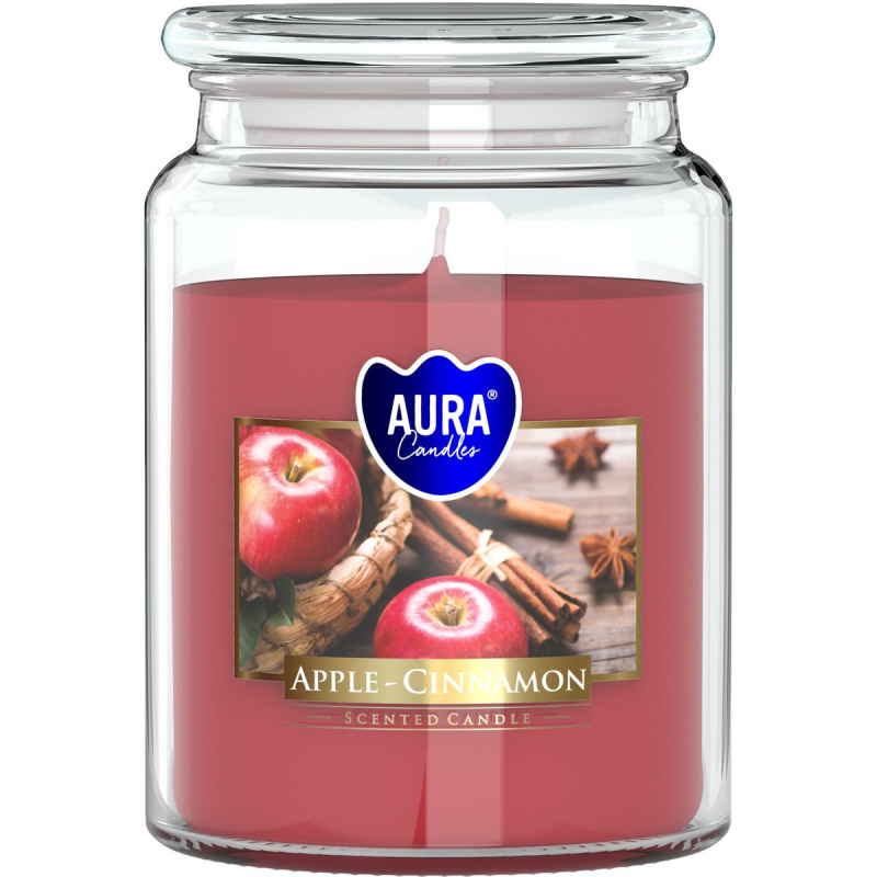Aura Candles Velká vonná svíčka ve skle s víčkem – jablko a skořice