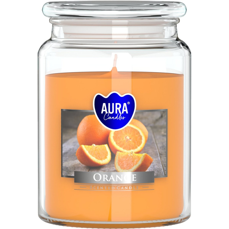 Aura Candles Velká vonná svíčka ve skle s víčkem – pomeranč