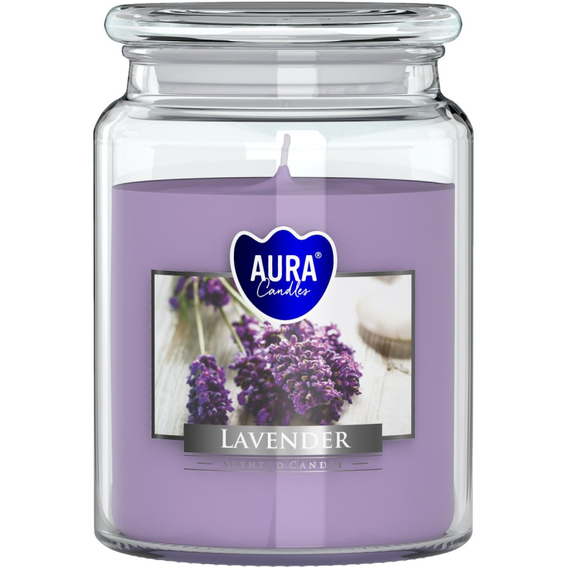 Aura Candles Velká vonná svíčka ve skle s víčkem – levandule