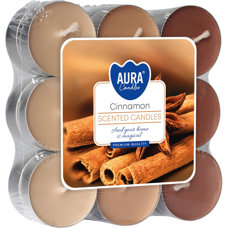 AURA Candles Vonná čajová svíčka Cinnamon pr. 3,9 cm, 18 ks