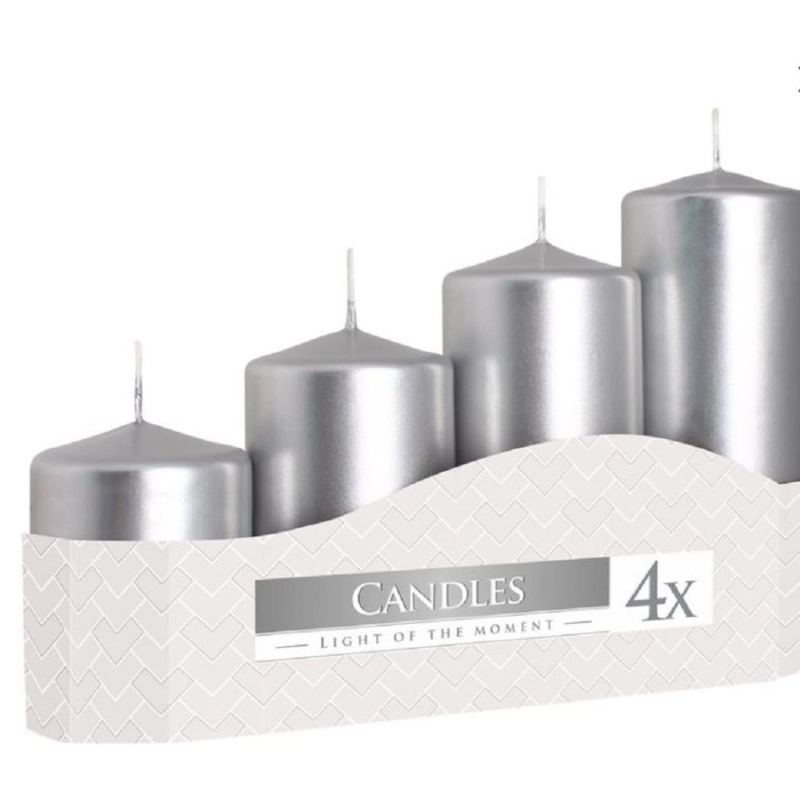 Adventní svíčky stupňovité metalické stříbrné 5 x 7/9/11/13 cm, 4ks
