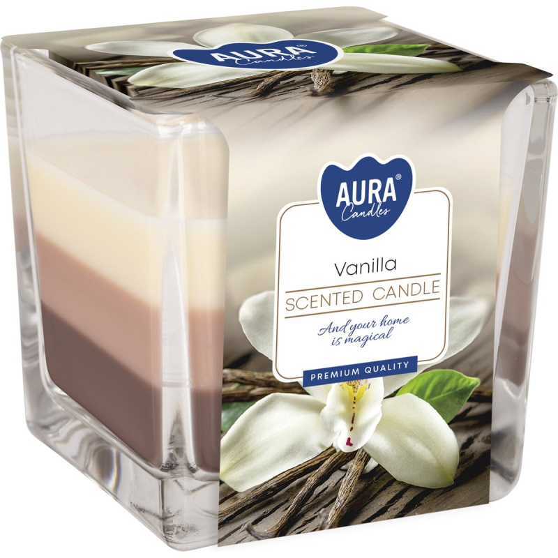 Aura Candles Tříbarevná vonná svíčka ve skle – vanilka