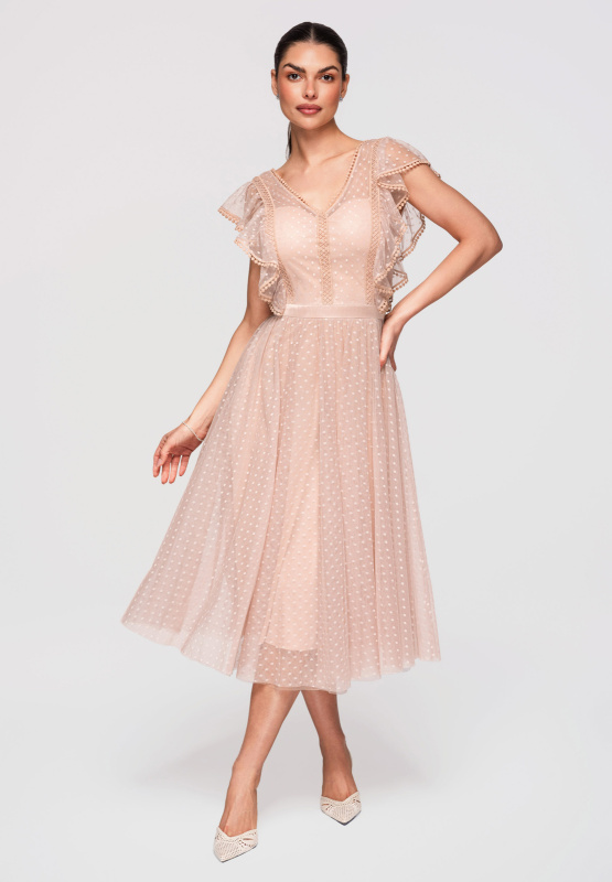 Edoti midi šaty s volány a krajkou