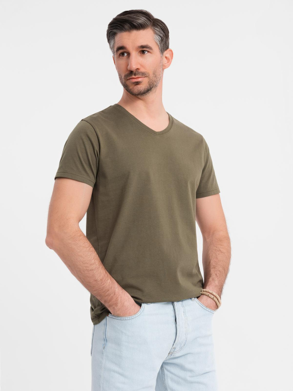 Ombre Men's BASIC classic cotton T-shirt with a serape neckline - dark olive