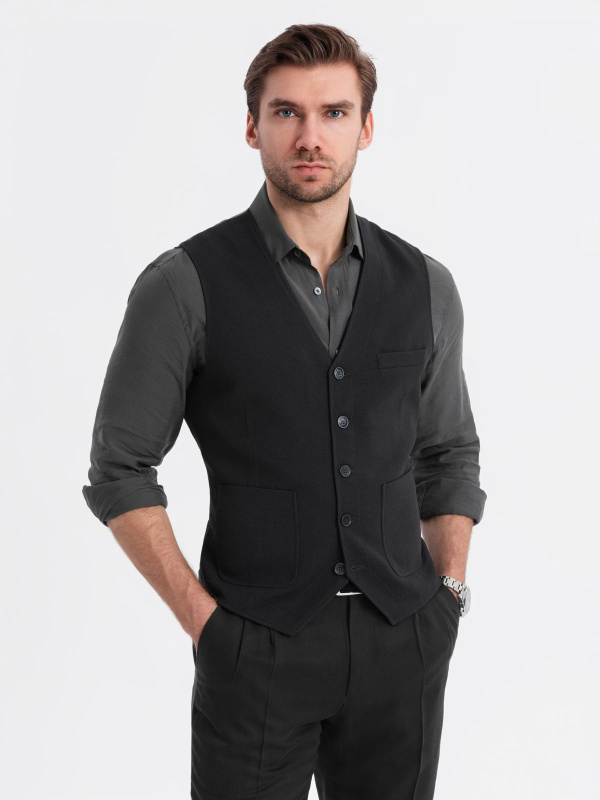 Ombre Fitted structured men's vest with patch pockets - black