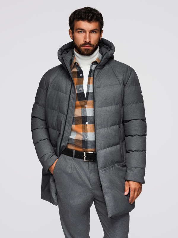 Ombre Men's long quilted jacket with hood - grey