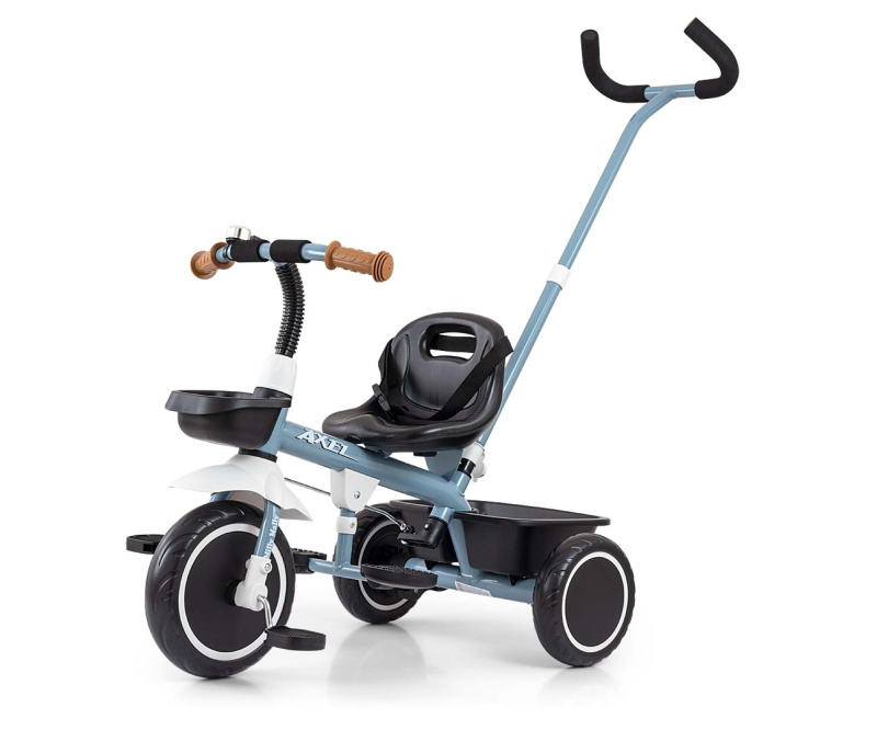 Milly Mally Dětská tříkolka AXEL s vodicí tyčí a volnoběhem, modrá
