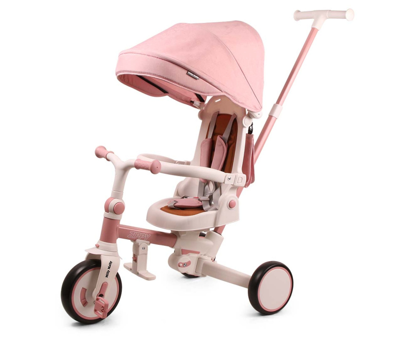 Milly Mally Dětská tříkolka 5v1 ZIPPY – odrážedlo s vodící tyčí, růžové