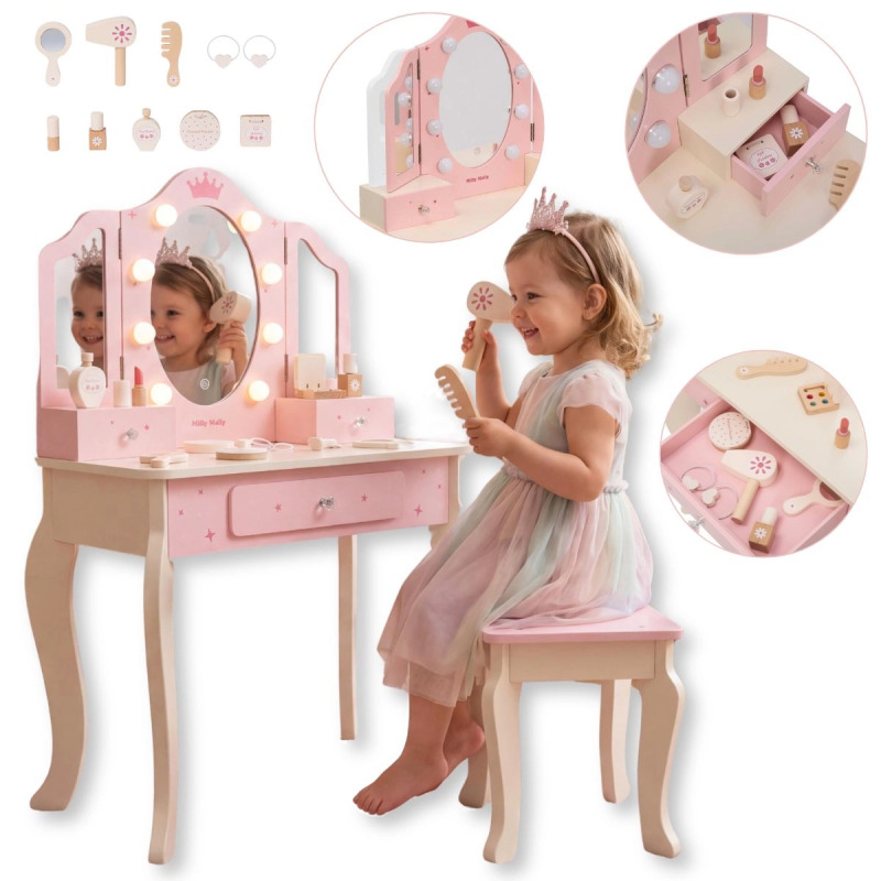 Dětský dřevěný toaletní stolek Milly Mally Queen Pink s LED zrcadlem