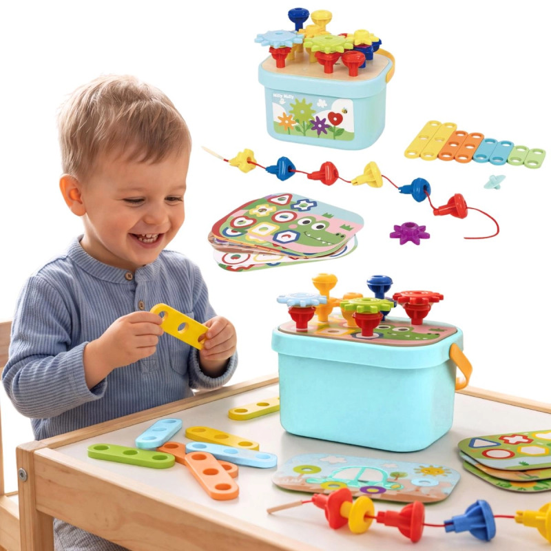 Milly Mally edukativní stavebnice s ozubenými koly a navlékáním 3v1