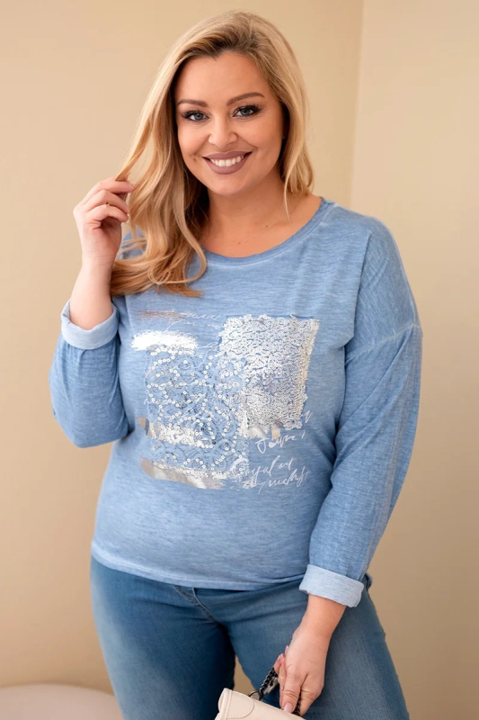 Kesi Dámské tričko Plus Size s potiskem a delším zadním dílem Barva: Modrá, Velikost: UNI