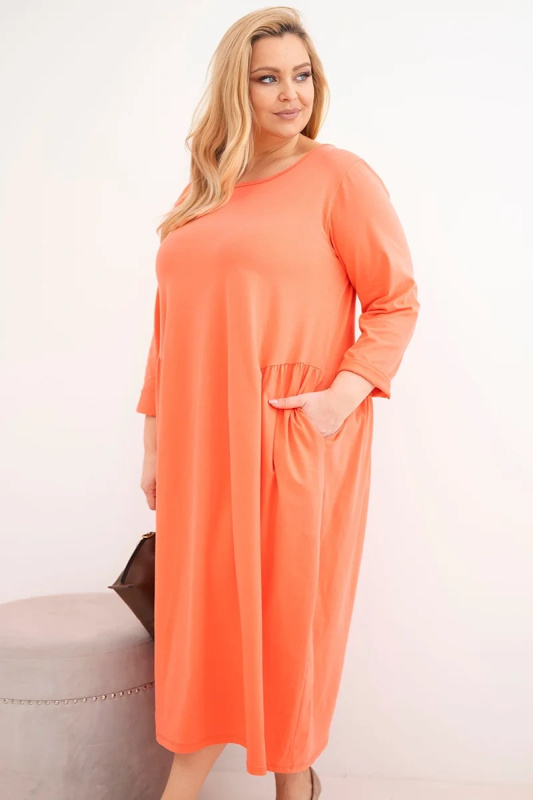 Kesi Dámské šaty Plus Size s dlouhým rukávem a nařasením v pase Barva: Oranžová, Velikost: UNI