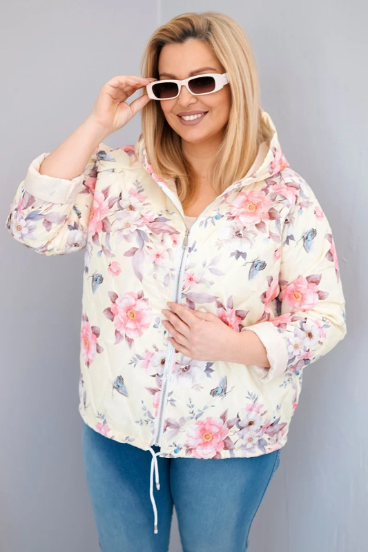 Kesi Dámská jarní prošívaná bunda Plus Size s kapucí a květinovým vzorem bílá Barva: Žlutá, Velikost: UNI
