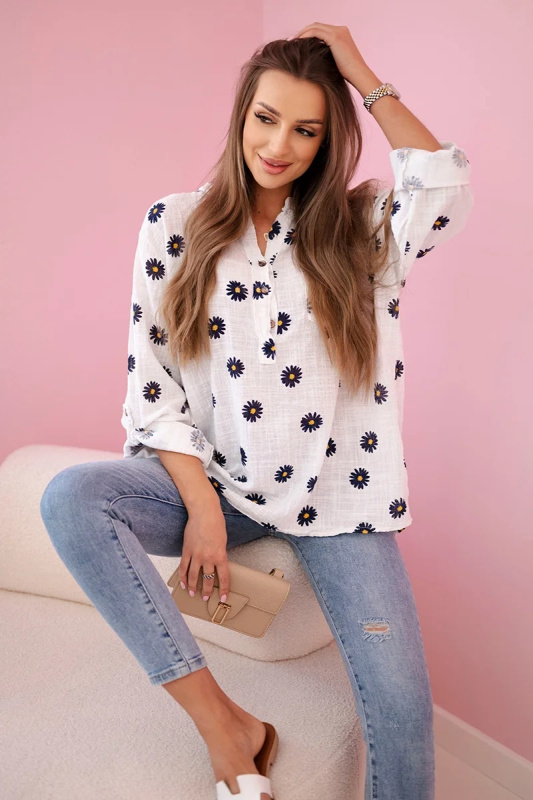 Kesi Lněná dámská halenka s květinovým vzorem, dlouhými rukávy a knoflíky Barva: Bílá, Velikost: UNI