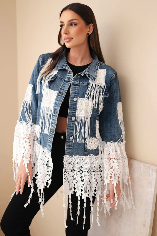 Dámská džínová bunda s krajkou a třásněmi