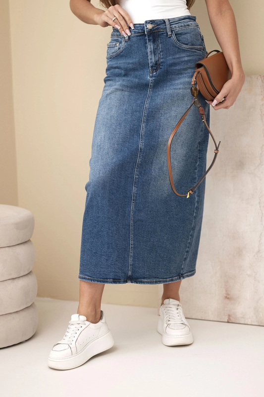 Midi džínová sukně s vysokým pasem