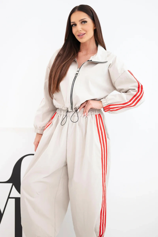 Kesi Dámská bavlněná souprava s oversized kalhotami a kontrastními lampasy béžová Barva: Béžová, Velikost: UNI