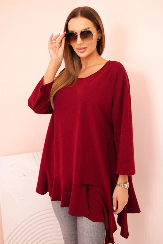 Dámská blůza Plus Size s bavlnou, volánem a ohrnovacími rukávy bordová UNI