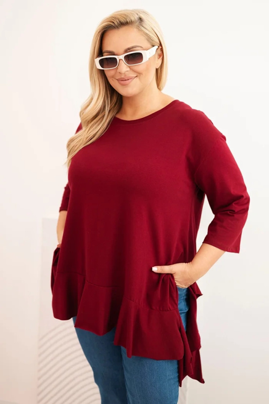 Dámská blůza Plus Size s bavlnou, volánem a ohrnovacími rukávy bordová UNI