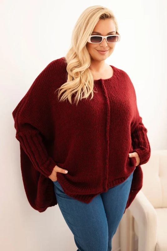 Kesi Svetr dámský Plus Size z akrylu s volným střihem a rukávem 3/4 fango Barva: Bordó, Velikost: UNI
