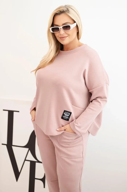 Kesi Dámský komplet Plus Size máslová mikina a kalhoty s kapsami béžová Barva: Růžová - tmavě, Velikost: UNI