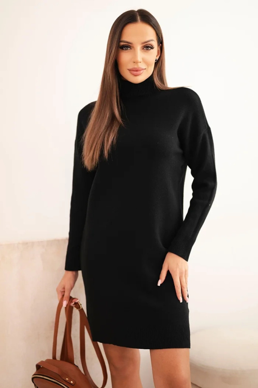 Kesi Dámská svetrové šaty s rolákem a kapsou béžová Barva: Černá, Velikost: UNI