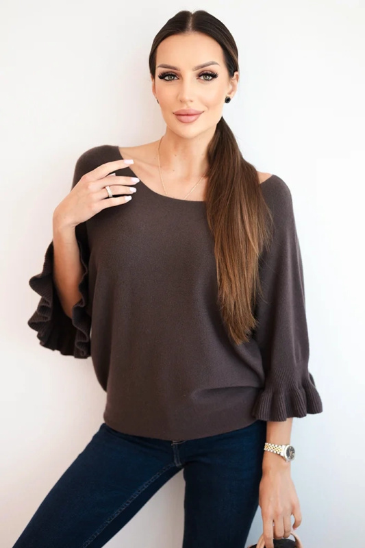 Kesi Dámský svetr s ozdobným manžetou Barva: Hnědá, Velikost: UNI