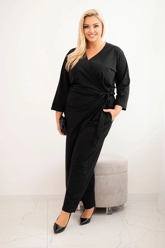 Kesi Dámský bavlněný overal Plus Size s vázáním v pase a 3/4 rukávem černý Velikost: 2XL