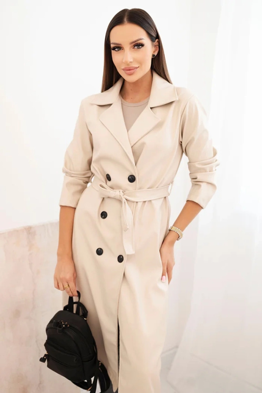 Kesi Dámský kabát ART4403 z eko kůže s páskem a límcem Barva: Smetanová, Velikost: UNI