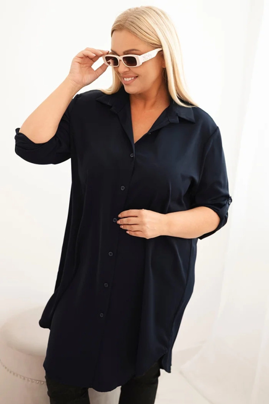 Kesi Dámské košilové šaty Plus Size s delším zadním dílem a ohrnovacími rukávy tmavě mátová Barva: Modrá - tmavě, Velikost: UNI