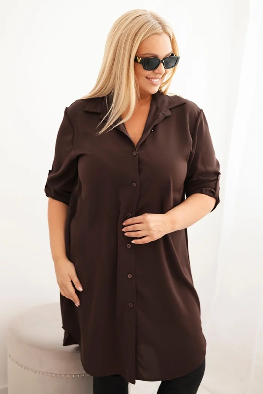 Kesi Dámské košilové šaty Plus Size s delším zadním dílem a ohrnovacími rukávy tmavě mátová Barva: Hnědá, Velikost: UNI