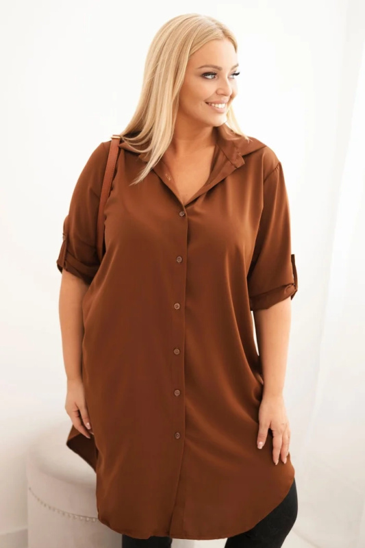 Kesi Dámské košilové šaty Plus Size s delším zadním dílem a ohrnovacími rukávy tmavě mátová Barva: Hnědá, Velikost: UNI