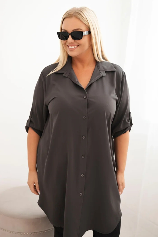 Kesi Dámské košilové šaty Plus Size s delším zadním dílem a ohrnovacími rukávy tmavě mátová Barva: Šedá - tmavě, Velikost: UNI