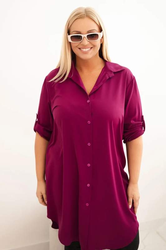 Kesi Dámské košilové šaty Plus Size s delším zadním dílem a ohrnovacími rukávy tmavě mátová Barva: Fialová, Velikost: UNI