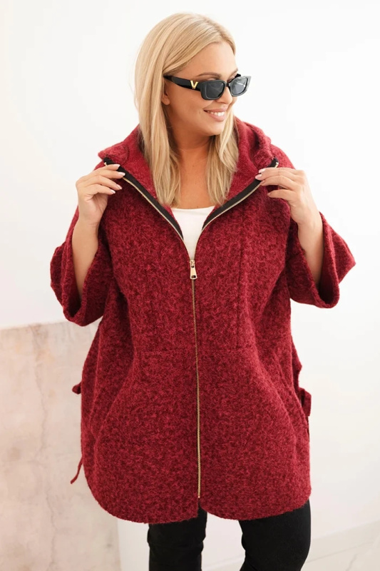 Kesi Dámský kabát Plus Size s kapucí a zipem hnědý Barva: Bordó, Velikost: UNI
