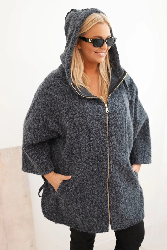 Kesi Dámský kabát Plus Size s kapucí a zipem hnědý Barva: Šedá - tmavě, Velikost: UNI