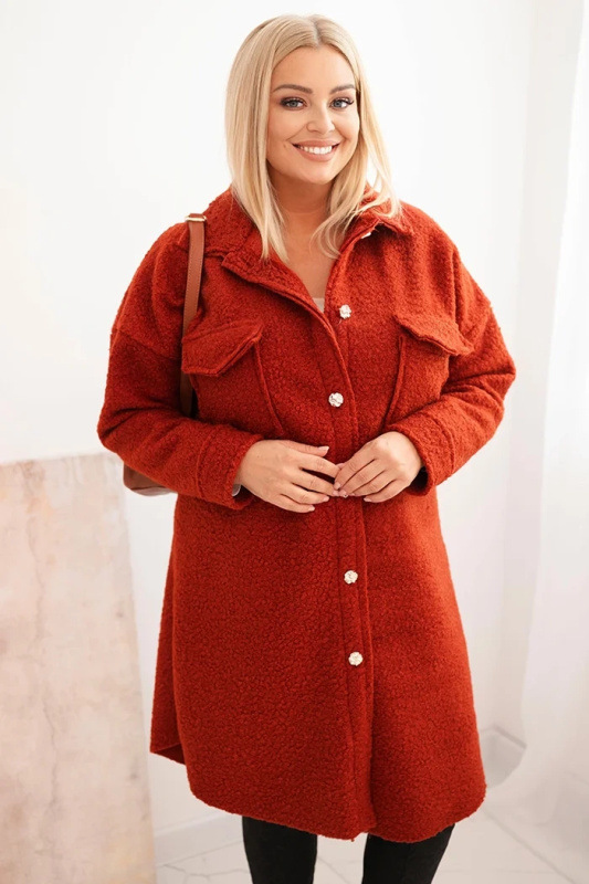 Kesi Dámský kabát ART0286 Plus Size s vlnou na knoflíky s kapsami Barva: Červená, Velikost: UNI