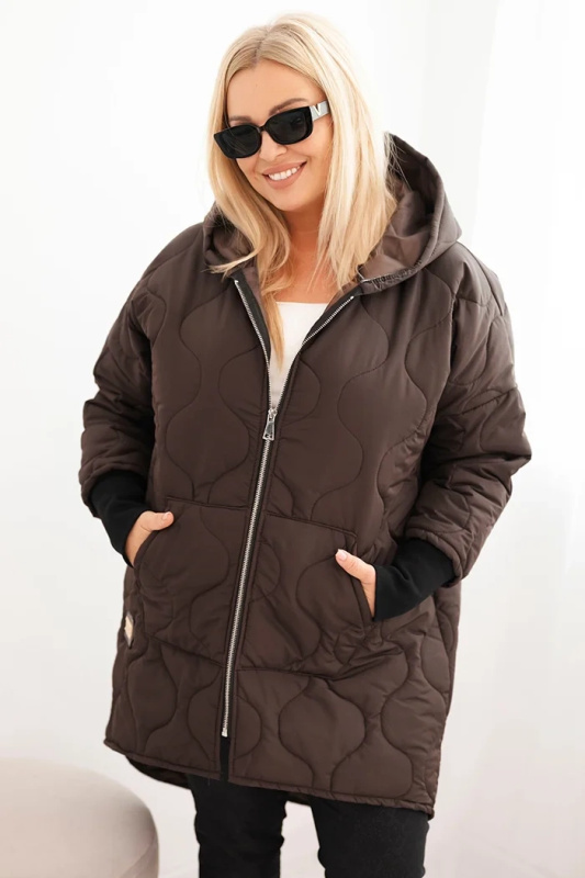 Kesi Dámská zimní bunda Plus Size prošívaná s kapucí khaki Barva: Hnědá, Velikost: UNI