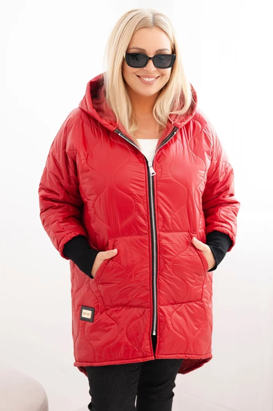 Kesi Dámská zimní bunda Plus Size prošívaná s kapucí khaki Barva: Červená, Velikost: UNI