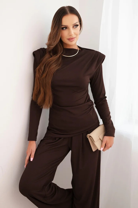 Kesi Dámský bavlněný komplet s halenkou a kalhotami s širokými nohavicemi Barva: Hnědá, Velikost: UNI